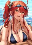  1boy 1girl absurdres ahoge azur_lane bangs bikini black_bikini blush breasts censored cleavage collarbone cum cum_on_body cum_on_breasts cum_on_upper_body cumdrip eyebrows_visible_through_hair goggles goggles_on_head hair_between_eyes hair_ornament head_tilt heavy_breathing highres large_breasts long_hair looking_at_viewer momo_no_sukebe mosaic_censoring o-ring o-ring_bikini open_mouth penis pov red_hair side_ponytail smile solo_focus swimsuit tongue tongue_out wet whistle whistle_around_neck zara_(azur_lane) zara_(poolside_coincidence)_(azur_lane) 