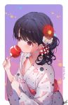  1girl areolae bangs black_hair blush border breasts candy_apple collarbone eating flower food from_above fukumaru_koito gradient gradient_background hair_flower hair_ornament holding holding_food idolmaster idolmaster_shiny_colors japanese_clothes kimono kuri_choko long_hair long_sleeves looking_away looking_to_the_side nipples obi outside_border purple_background purple_eyes red_flower sash signature small_breasts solo twitter_username upper_body white_border white_flower white_kimono wide_sleeves yukata 