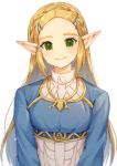  1girl absurdres bangs blonde_hair blush braid breasts closed_mouth commentary_request crown_braid forehead green_eyes hair_ornament hairclip highres long_hair long_sleeves looking_at_viewer parted_bangs pointy_ears princess_zelda shirt simple_background small_breasts smile solo tete_tuyuten the_legend_of_zelda the_legend_of_zelda:_breath_of_the_wild triforce_print upper_body white_background 