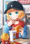  1girl :q alternate_costume aqua_eyes artist_name bangs black_choker black_headwear blue_nails blunt_bangs blush casual choker clothes_writing collarbone commentary cup day denim denim_jacket disposable_cup drinking_straw earrings food french_fries gochuumon_wa_usagi_desu_ka? hamburger hand_to_own_mouth hat heart highres hoop_earrings indoors jewelry kirima_sharo looking_at_viewer mozukun43 red_shirt shirt short_hair smile solo tongue tongue_out tray twitter_username 