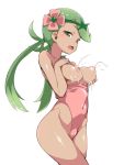  1girl bangs bare_shoulders blush breasts breasts_outside covered_navel dark_skin eyebrows_visible_through_hair flower green_eyes green_hair hair_flower hair_ornament lactation long_hair looking_at_viewer mallow_(pokemon) medium_breasts nipples one-piece_swimsuit open_mouth pink_swimsuit pokemon pokemon_(game) pokemon_sm puffy_nipples simple_background solo swimsuit teeth thighs twintails white_background zootan 