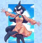  1girl alternate_costume aqua_neckwear arm_up ascot bangs black_hair black_legwear black_vest blowhole collared_dress commentary_request dolphin_tail dorsal_fin dress feet_out_of_frame floral_print grin hair_over_one_eye hand_up head_fins highres kemono_friends kotobukkii_(yt_lvlv) long_sleeves looking_at_viewer medium_dress multicolored_hair open_clothes open_vest orca_(kemono_friends) outstretched_arms outstretched_hand pantyhose parted_bangs print_dress short_hair smile solo spread_arms spread_fingers standing tail teeth two-tone_hair vest white_hair wing_collar 