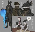  arizuka_(catacombe) bloodborne blue_eyes celestial_emissary doll doll_joints dough eldritch_abomination hat highres hunter_(bloodborne) joints nodding plain_doll sleeves_rolled_up thought_bubble tricorne umbilical_cord 