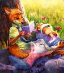  2020 anthro book bottomwear canid canine clothed clothing day detailed_background disney duo female flower food fox fully_clothed fur grass green_eyes grey_body grey_fur hat headgear headwear hi_res high-angle_view holding_book holding_object jessdoesdrawing judy_hopps lagomorph leporid male mammal necktie nick_wilde orange_body orange_fur outside pants plant purple_eyes rabbit reading reclining red_fox shirt smile topwear tree zootopia 