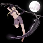  1girl arizuka_(catacombe) arm_up barefoot black_gloves black_shorts blonde_hair bloodborne blue_eyes braid braided_ponytail breasts full_moon gloves hat highres holding holding_scythe holding_weapon hunter_(bloodborne) leg_up long_hair looking_down midair midriff moon navel night no_shoes open_mouth scythe shorts single_braid smile solo strapless top_hat torn_clothes torn_shorts tubetop underboob weapon 