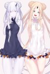 2girls abigail_williams_(fate/grand_order) abigail_williams_(swimsuit_foreigner)_(fate) abigail_williams_(swimsuit_foreigner)_(fate)_(cosplay) absurdres bangs bare_shoulders black_bow black_swimsuit blonde_hair blue_eyes blush bow braid braided_bun breasts closed_mouth cosplay covered_navel double_bun dress_swimsuit fate/grand_order fate_(series) forehead hand_on_own_chest highres horns keyhole lavinia_whateley_(fate/grand_order) long_hair looking_at_viewer multiple_bows multiple_girls open_mouth orange_bow parted_bangs purple_eyes sidelocks simple_background single_horn small_breasts smile swimsuit thighs twintails watosu white_background white_hair white_skin white_swimsuit wide-eyed 