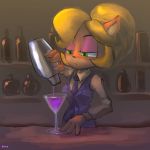  1:1 2020 activision alcohol anthro bartender bartending beverage blonde_hair breasts clothing coco_bandicoot container crash_bandicoot_(series) cup drinking_glass ema_npr eyeshadow female glass glass_container glass_cup green_eyes hair hi_res long_hair makeup mammal marsupial necktie signature solo wine_glass 