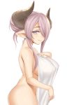  1girl breasts covering cowboy_shot draph from_side granblue_fantasy hair_over_one_eye horns lang_(chikage36) large_breasts looking_at_viewer narmaya_(granblue_fantasy) nude nude_cover one_eye_covered pointy_ears purple_eyes purple_hair simple_background smile solo towel updo white_background white_towel 