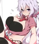  1girl ahoge bikini bikini_under_clothes black_bikini black_legwear blush breasts front-tie_top highres kuro_mushi large_breasts light_purple_hair long_hair looking_at_viewer low_twintails navel necktie purple_eyes scrunchie senki_zesshou_symphogear shiny shiny_hair shiny_skin shirt side-tie_bikini skirt solo swimsuit thighhighs twintails yukine_chris 