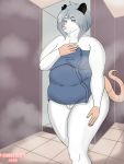  3:4 absurd_res anthro aroused bathroom belly breasts clothing didelphid female genitals grey_hair hair hi_res looking_at_viewer lumieart mammal marsupial obese obese_anthro obese_female overweight overweight_anthro overweight_female pussy rodent short_hair shower slightly_chubby solo steam teeth three-quarter_view tight_clothing towel tuft 