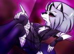  anthro black_fingernails black_nose canid canid_demon clothed clothing collar demon ear_piercing female grey_hair hair hellhound helluva_boss hi_res loona_(vivzmind) madelezabeth mammal monster piercing red_eyes solo spikes white_body 