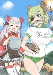  2girls absurdres alternate_costume breasts buruma closed_eyes commentary_request fish food_in_mouth green_buruma gym_uniform highres honey_strap horns jyaco large_breasts multiple_girls pot running sekishiro_mico sky suou_patra tail thighhighs torch virtual_youtuber white_legwear wood 