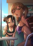  2girls :d :o bang_dream! bare_shoulders bent_over bikini black_bikini black_hair black_ribbon blue_eyes blush breasts brown_eyes brown_hair cellphone cleavage hair_bun hair_ornament hairclip holding holding_phone ichigaya_arisa kougai_no_nanigashi long_hair looking_at_viewer medium_breasts multiple_girls navel okusawa_misaki open_mouth outstretched_arm phone polka_dot polka_dot_bikini purple_bikini ribbon self_shot side-tie_bikini side_bun sideboob sidelocks sitting smartphone smile strap_gap sweat swimsuit table twintails v x_hair_ornament 