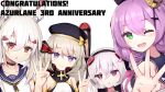  4girls ;d absurdres animal_ears anniversary ayanami_(azur_lane) azur_lane bangs bare_shoulders beret black_choker black_hairband black_headwear black_ribbon blue_sailor_collar blush bow bunny_ears choker collarbone commentary_request congratulations cross_hair_ornament crown eyebrows_visible_through_hair fake_animal_ears fuki_to_takenoko green_eyes hair_between_eyes hair_bow hair_ornament hair_ribbon hairband hat head_tilt headgear headphones headphones_around_neck high_ponytail highres iron_cross javelin_(azur_lane) laffey_(azur_lane) light_brown_hair long_hair looking_at_viewer middle_w mini_crown multiple_girls neckerchief one_eye_closed open_mouth orange_eyes parted_lips platinum_blonde_hair ponytail purple_eyes purple_hair purple_neckwear red_eyes retrofit_(azur_lane) ribbon sailor_collar shirt short_hair sidelocks simple_background sleeveless sleeveless_shirt smile striped striped_bow tilted_headwear twintails upper_body white_background white_hair white_shirt yellow_neckwear z23_(azur_lane) 