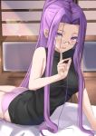  1girl absurdres ass bangs bare_shoulders black_shirt blush breasts fate/stay_night fate_(series) forehead glasses highres kesoshirou large_breasts long_hair looking_at_viewer lying on_stomach open_mouth panties parted_bangs pink_panties purple_eyes purple_hair rider shirt sidelocks smile underwear very_long_hair 