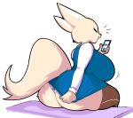  aggressive_retsuko anthro back_boob big_breasts big_butt bottomwear breasts butt canid canine clothing female fennec fenneko fox hi_res honeyboyy legwear mammal office_lady panties phone sanrio simple_background skirt skirt_pull solo stockings thick_thighs underwear white_background 