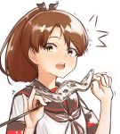  /\/\/\ 1girl black_sailor_collar brown_eyes brown_hair brown_neckwear commentary_request fish highres kantai_collection looking_at_viewer neckerchief ohazuke open_mouth ponytail remodel_(kantai_collection) sailor_collar saury school_uniform serafuku shikinami_(kantai_collection) short_hair simple_background skewer solo white_background 