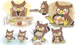  animal_crossing anthro avian belly bird blathers_(animal_crossing) blush bow_tie brown_body eating english_text food hi_res male nintendo overweight owl stuffed_belly text unknown_artist video_games 