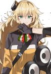  1girl aogisa black_gloves blonde_hair blush bodysuit breasts closed_mouth eyebrows_visible_through_hair girls_frontline gloves green_eyes hair_ornament hand_in_mouth highres italian_flag_neckwear jacket long_hair looking_at_viewer multicolored multicolored_clothes multicolored_jacket neck_ribbon ribbon s.a.t.8_(girls_frontline) scar smile solo white_background 