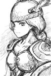  1girl abe_yoshitoshi armor braid breasts cleavage closed_mouth head_wings helmet highres long_hair looking_at_viewer monochrome shield simple_background single_braid solo valkyrie valkyrie_(vnd) valkyrie_no_densetsu white_background winged_helmet 