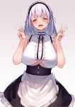  1girl absurdres apron azur_lane bangs bare_shoulders black_hairband blush breasts closed_eyes commentary_request dido_(azur_lane) eyebrows_visible_through_hair hairband hands_up highres huge_breasts long_hair maid open_mouth silver_hair sleeveless smile solo standing underboob underboob_cutout waist_apron white_apron yamanokami_eaka 