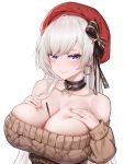  1girl azur_lane bangs bare_shoulders belfast_(azur_lane) belfast_(shopping_with_the_head_maid)_(azur_lane) between_breasts blush breasts brown_sweater chinese_commentary choker cleavage closed_mouth collarbone commentary_request earrings food hands_on_own_chest hbb highres hoop_earrings huge_breasts jewelry long_hair looking_at_viewer off-shoulder_sweater off_shoulder pocky purple_eyes red_headwear silver_hair simple_background smile solo sweater very_long_hair white_background 