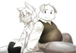  2015 anthro bottomwear canid canine canis chiro_(artist) clothing domestic_dog duo hand_holding kemono male mammal pants shirt simple_background sitting slightly_chubby topwear white_background 