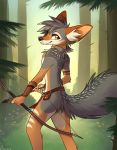  2020 anthro arrow aseethe backlighting bow_(weapon) brown_body brown_fur canid canine canis clothing coyote day detailed_background digital_media_(artwork) ear_piercing ear_ring female fhyra fur grass grey_body grey_fur grey_hair hair hi_res holding_bow holding_object holding_weapon inner_ear_fluff jackal light lighting loincloth looking_back mammal orange_body orange_fur outside piercing ranged_weapon sepiapaws smile solo standing tree tribal tuft weapon white_body white_fur yellow_eyes 