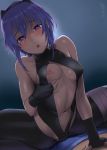  1boy 1girl black_gloves black_hairband black_leotard blush bosshi breasts center_opening commentary_request covered_nipples dark_skin fate/prototype fate/prototype:_fragments_of_blue_and_silver fate_(series) fingerless_gloves girl_on_top gloves hairband hassan_of_serenity_(fate) hetero highres leotard looking_at_viewer medium_breasts navel nipples one_breast_out open_mouth purple_eyes purple_hair short_hair solo_focus straddling 