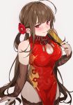  1girl ahoge aogisa black_gloves black_legwear blush breasts brown_hair china_dress chinese_clothes cleavage closed_mouth covered_navel dress dsr-50_(girls_frontline) elbow_gloves eyebrows_visible_through_hair fan flower girls_frontline gloves hair_flower hair_ornament highres holding holding_fan long_hair looking_at_viewer medium_breasts red_eyes smile solo thighhighs thighs white_background 