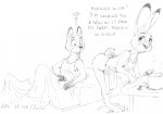  2020 anthro apron apron_only asthexiancal bed canid canine clothing cooking dialogue disney duo english_text female fox furniture judy_hopps lagomorph leporid male mammal monochrome mostly_nude nick_wilde rabbit shirt tank_top text topwear zootopia 