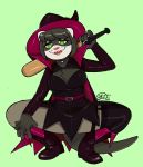  2020 absurd_res anthro baseball_bat bat_(object) boots clothing crouching domestic_ferret dress female footwear green_background green_eyes hat headgear headwear hi_res mammal mustela mustelid musteline nonbinary_(lore) simple_background sneel witch_hat 