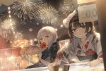  apple blue_eyes blush braids brown_hair candy festival fireworks food fruit japanese_clothes mask night original oyuyu red_eyes short_hair summer white_hair yukata 