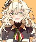  1girl aogisa blonde_hair blush bodysuit breasts eyebrows_visible_through_hair girls_frontline green_eyes hair_between_eyes hair_ornament hairband highres italian_flag_neckwear jacket long_hair looking_at_viewer multicolored multicolored_clothes multicolored_jacket neck_ribbon open_mouth ribbon s.a.t.8_(girls_frontline) smile solo yellow_background 