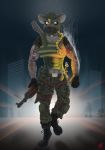  absurd_res ak-47 anthro armor army assault_rifle cave city explosives female grenade gun harkrun hi_res hyaenid knife machette mammal mercenary military muscular muscular_anthro muscular_female night novak plantigrade ranged_weapon rifle scar soldier solo tattoo warrior weapon yvette 