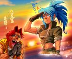  black_gloves blue_eyes blue_hair brown_eyes gloves green_jacket highres jacket leona_heidern metal_slug military nose parody ponytail salute sasisage soldier speech_bubble style_parody sunglasses sunset tarma_roving tears the_king_of_fighters vest yellow_vest 