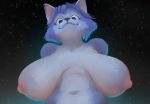  big_breasts blue_body breasts canid canine female fox goldmikun humanoid krystal looking_at_viewer mammal nintendo nipples nude simple_background smile solo star_fox video_games white_body 