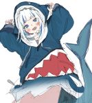  1girl arms_up bangs blue_eyes blue_hair blue_hoodie blunt_bangs blush commentary cowboy_shot eyebrows_visible_through_hair fangs gawr_gura highres hololive hololive_english idenshi_kumikae_(kabe_choron) long_sleeves looking_at_viewer multicolored_hair open_mouth shark_hood sharp_teeth short_hair silver_hair simple_background sketch smile solo streaked_hair teeth two-tone_hair virtual_youtuber white_background 