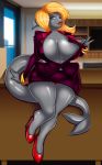  anthro bayeuxman beauty_mark big_breasts bottomwear breasts clothing detailed_background female fish footwear hi_res high_heels marine mature_female miniskirt nipple_outline non-mammal_breasts panties shark shoes skirt solo teasing tisinrei underwear wide_hips 