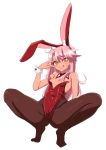  1girl absurdres animal_ears bangs bare_shoulders blush breasts brown_legwear bunny_ears bunnysuit chawan_(yultutari) chloe_von_einzbern closed_mouth dark_skin detached_collar fake_animal_ears fate/kaleid_liner_prisma_illya fate_(series) highleg highleg_leotard highres legs leotard licking_lips long_hair looking_at_viewer orange_eyes pantyhose pink_hair red_leotard simple_background small_breasts smile spread_legs squatting strapless strapless_leotard tongue tongue_out v white_background wrist_cuffs 