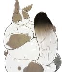  2015 anthro balls big_penis chiro_(artist) erection genitals humanoid_hands kemono lagomorph leporid male mammal overweight overweight_anthro overweight_male penis rabbit simple_background sitting solo white_background 