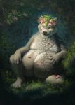  2020 5_fingers 5_toes ambiguous_gender anthro black_nose day detailed_background digital_media_(artwork) fingers flower flower_crown forest fur grey_body grey_fur hand_on_stomach hibbary looking_at_viewer mammal moss outside plant sitting smile solo toes tree ursid 