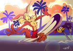  anthro avian beach bird bottomwear canid canine canis clothing coyote duo feral juneduck21 looney_tunes male mammal road_runner_(looney_tunes) sea seaside shorts surfboard swimming swimming_trunks swimwear vehicle warner_brothers water watercraft wile_e._coyote 