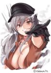  1girl black_gloves black_headwear breasts brown_shirt cleavage collarbone collared_shirt ebifurya eyebrows_visible_through_hair facial_scar gangut_(kantai_collection) gloves grey_hair grin hair_between_eyes hat highres kantai_collection large_breasts long_hair orange_eyes peaked_cap remodel_(kantai_collection) scar shirt short_sleeves simple_background smile solo twitter_username white_background 