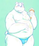  2016 anthro belly blue_background bulge chiro_(artist) clothing dessert food fur ice_cream kemono male mammal moobs nipples overweight overweight_anthro overweight_male polar_bear simple_background solo underwear ursid ursine white_body white_fur 