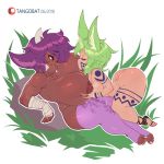  animal_humanoid big_breasts big_butt bodily_fluids breast_grab breasts butt clothing duo female female/female green_hair hair hand_on_breast huge_breasts humanoid lactating legwear mostly_nude nipples nude purple_hair short_stack tangobat thigh_highs 
