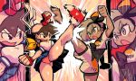  2girls ass_visible_through_thighs bea_(pokemon) bike_shorts bike_shorts_under_shorts clash crossover dark_skin gym_leader headband highres kasugano_sakura kicking leg_up motion_blur multiple_girls open_mouth panties pokemon pokemon_(game) pokemon_swsh rariatto_(ganguri) short_hair short_shorts shorts street_fighter street_fighter_zero_(series) underwear 