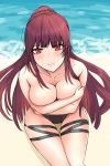  1girl bare_shoulders beach bikini black_bikini blush breasts cleavage closed_mouth collarbone covering covering_breasts crossed_arms eyebrows_visible_through_hair from_above girls_frontline hair_ornament hanser highres long_hair looking_at_viewer medium_breasts no_bra ocean purple_hair red_eyes sitting solo swimsuit thighs topless wa2000_(girls_frontline) 