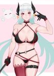  1girl :&gt; aqua_hair ass_visible_through_thighs bangs bare_shoulders bikini black_bikini black_choker black_gloves black_horns breasts choker cleavage closed_mouth cosplay cowboy_shot dragon_horns dzlily eyebrows_visible_through_hair facing_viewer fate/grand_order fate_(series) gloves gradient_hair hair_between_eyes halter_top halterneck hand_up holding holding_sword holding_weapon horns jeanne_d&#039;arc_(alter_swimsuit_berserker) jeanne_d&#039;arc_(alter_swimsuit_berserker)_(cosplay) jeanne_d&#039;arc_(fate)_(all) katana kiyohime_(fate/grand_order) large_breasts long_hair looking_at_viewer multicolored_hair navel o-ring o-ring_bottom o-ring_swimsuit o-ring_top pink_legwear red_eyes silver_hair single_thighhigh skindentation solo swimsuit sword thigh_gap thighhighs two-tone_hair very_long_hair weapon 