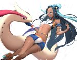  1girl armlet belly_chain bike_shorts black_hair blue_eyes commentary dark_skin dynamax_band earrings gen_3_pokemon gloves gym_leader hair_bun highres hoop_earrings jewelry long_hair makeup milotic multicolored_hair navel necklace nessa_(pokemon) number pokemon pokemon_(creature) pokemon_(game) pokemon_swsh purple_eyeshadow sandals single_glove two-tone_hair yuuyuu_(yuuki1771) 